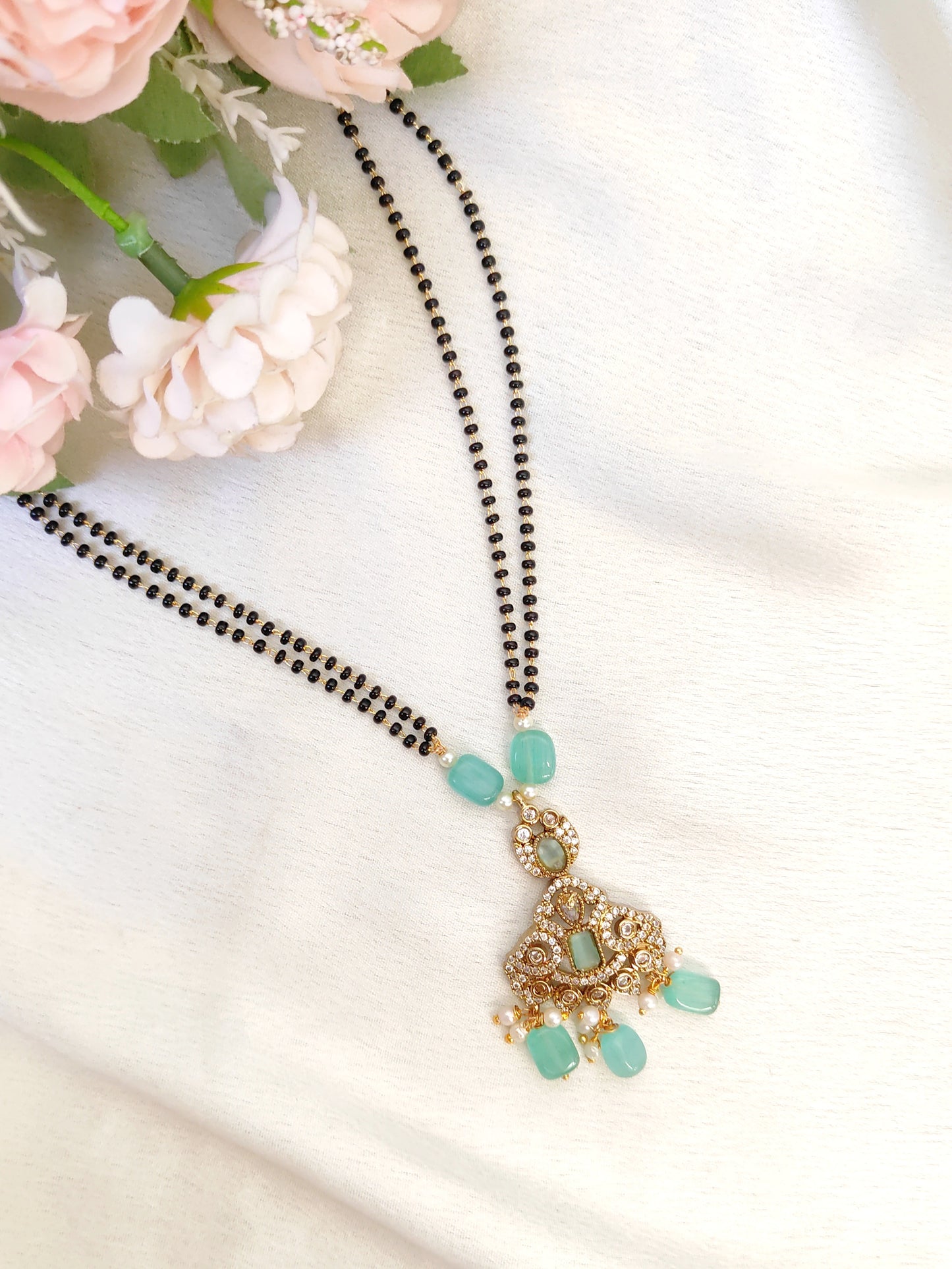 Mint Green Stone Mangalsutra with CZ Pendant | Double-Chain Black Bead Design