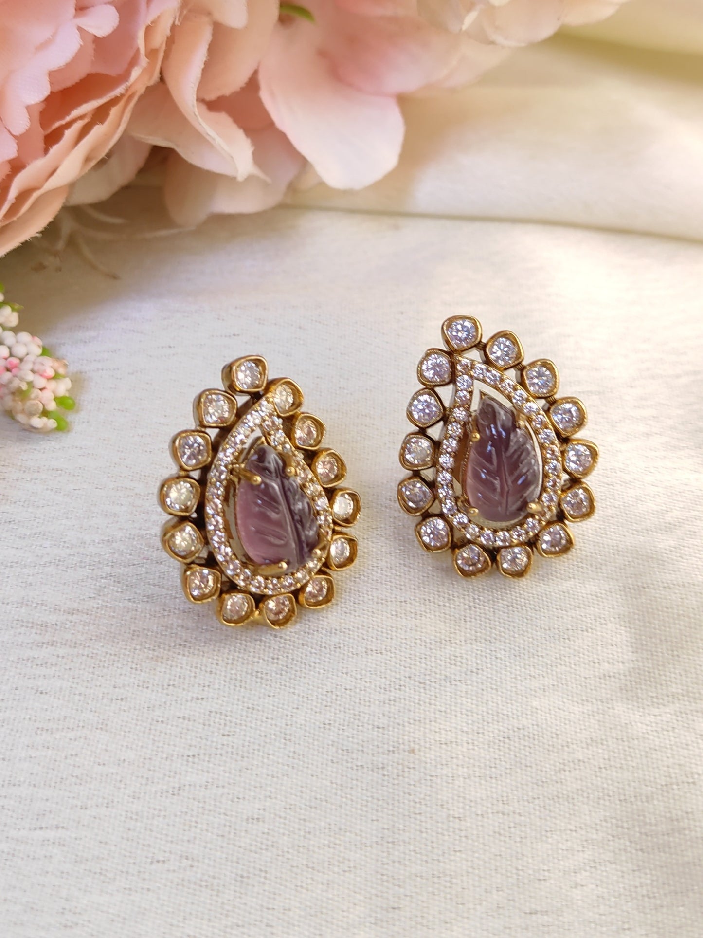 Purple Leaf Carving Stud Earrings – Premium CZ Detailing