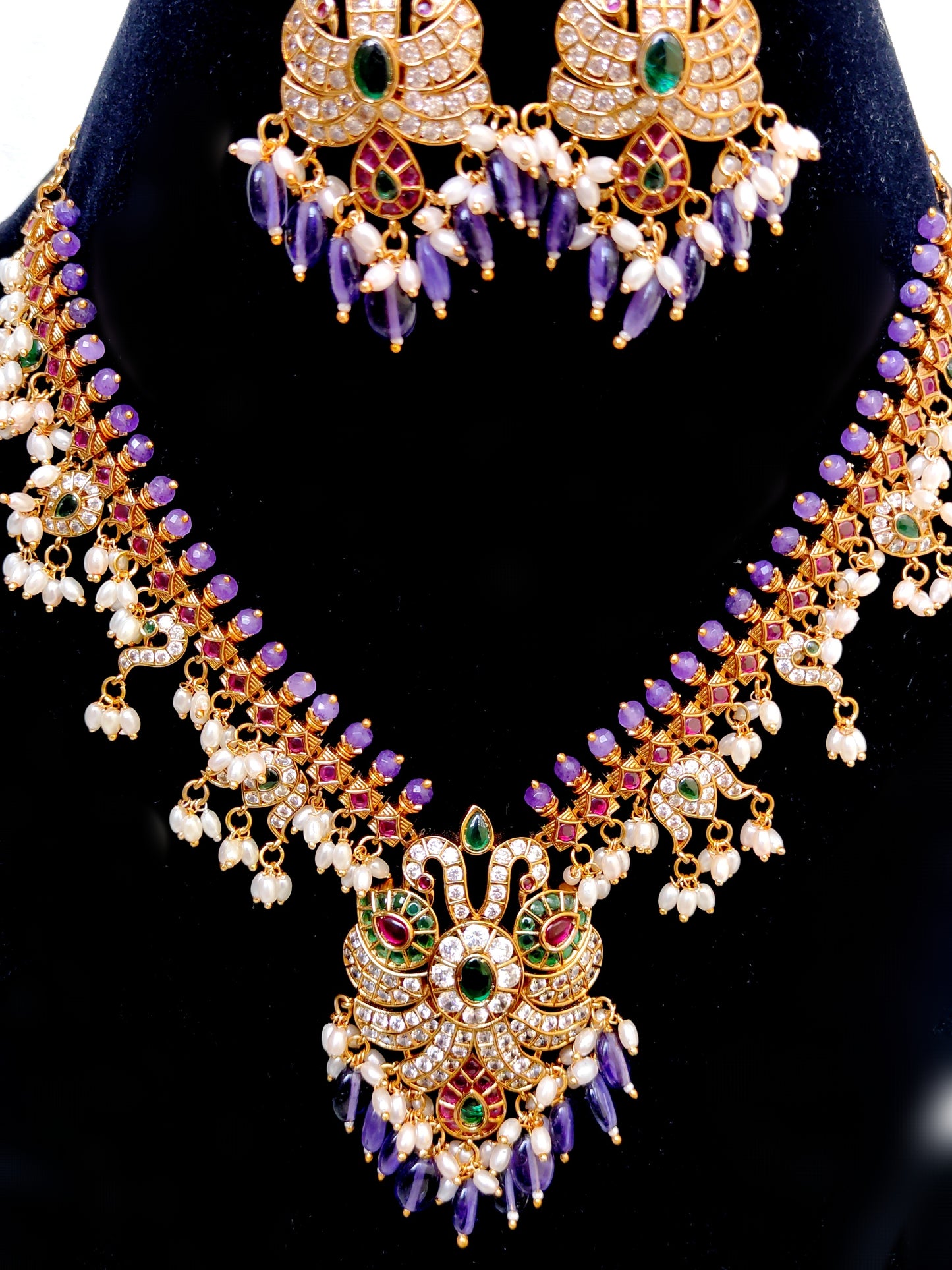 Purple Kemp Stone Peacock Necklace Set with Pearls | Bridal & Temple Jewellery