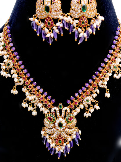 Purple Kemp Stone Peacock Necklace Set with Pearls | Bridal & Temple Jewellery