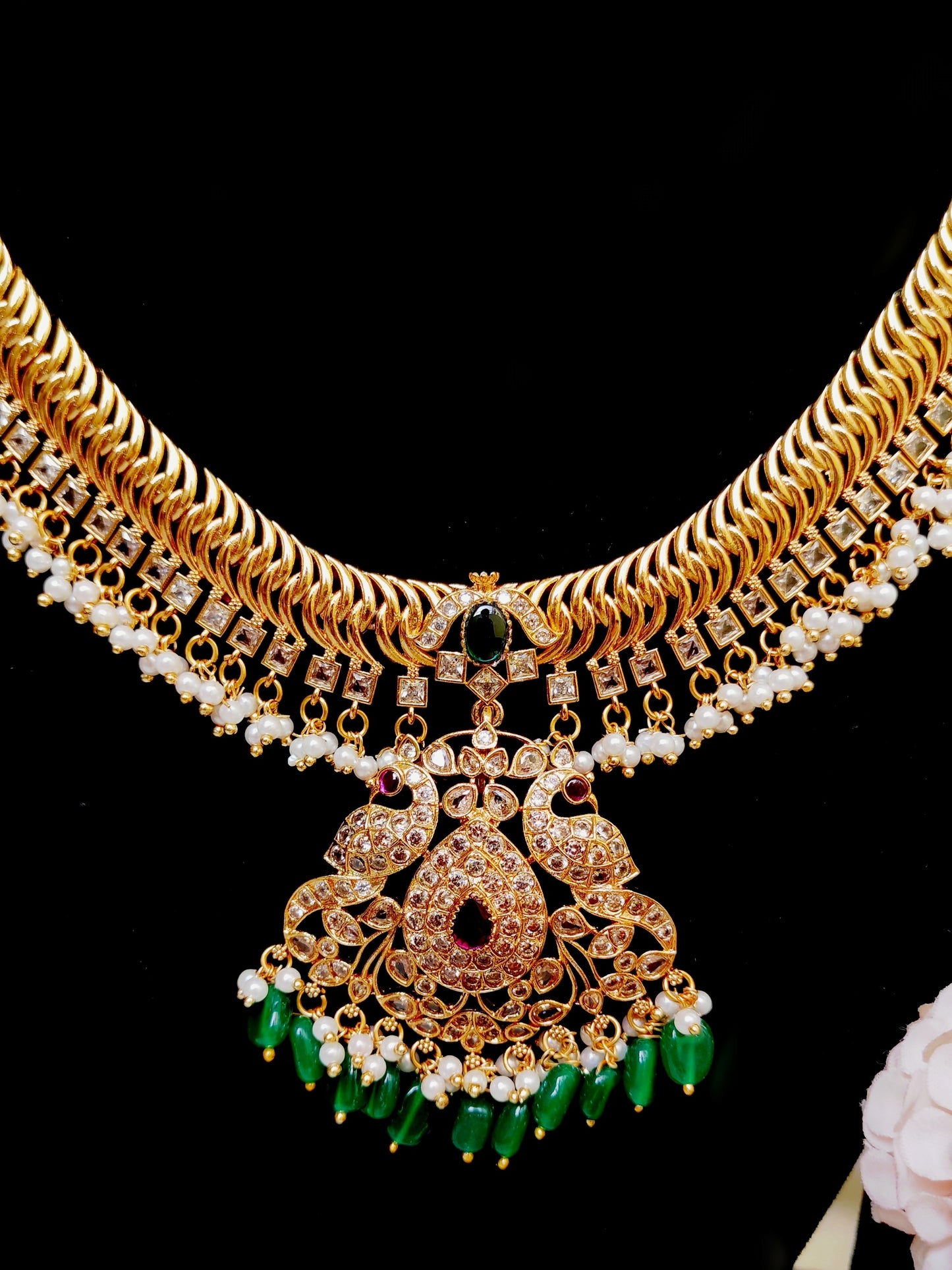 Jilebi Necklace Set with Kundan Work & Green Drops