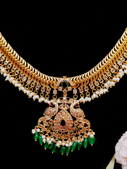 Jilebi Necklace Set with Kundan Work & Green Drops