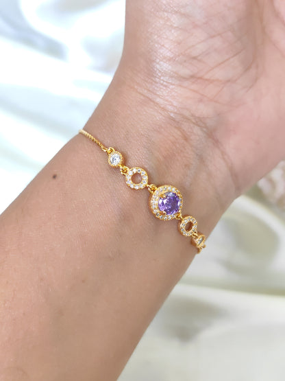 Gold Plated Lavender Round Stone Adjustable Bracelet for Women | Elegant Zircon Designer Bracelet