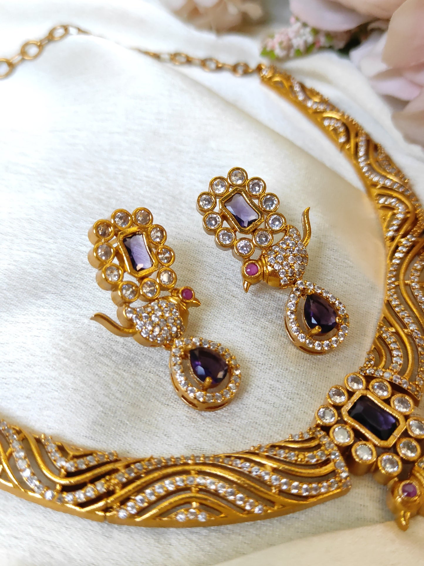 Premium Gold Plated Peacock Motif Necklace Set – Violet Stone