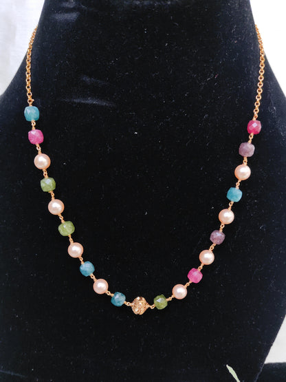 Handcrafted Multi Stone Beads & Pearl Chain Necklace for Women