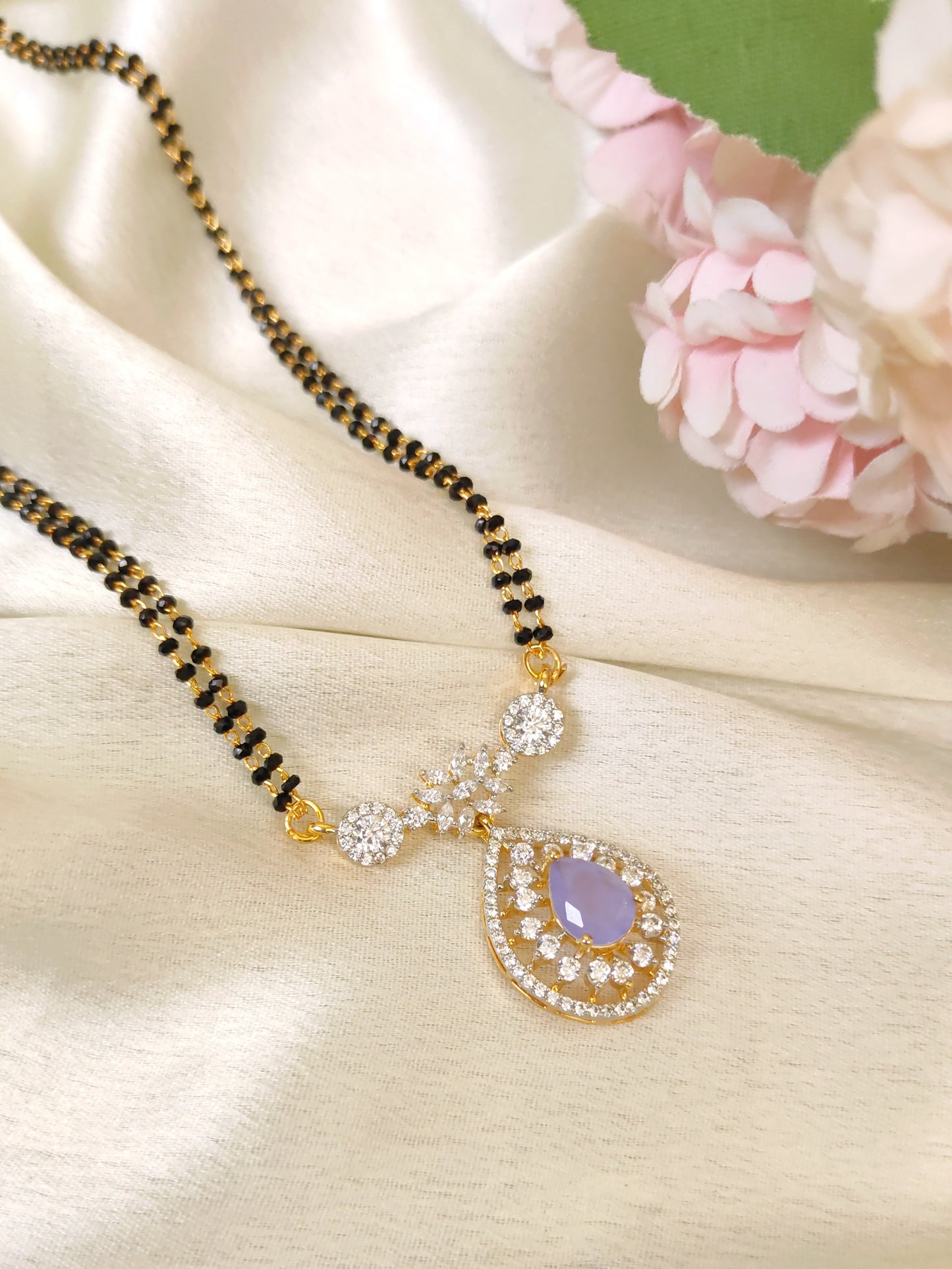 Designer Double Line Black Bead Mangalsutra with Lavender Pendant – Lightweight Traditional Mangalsutra Chain for Women