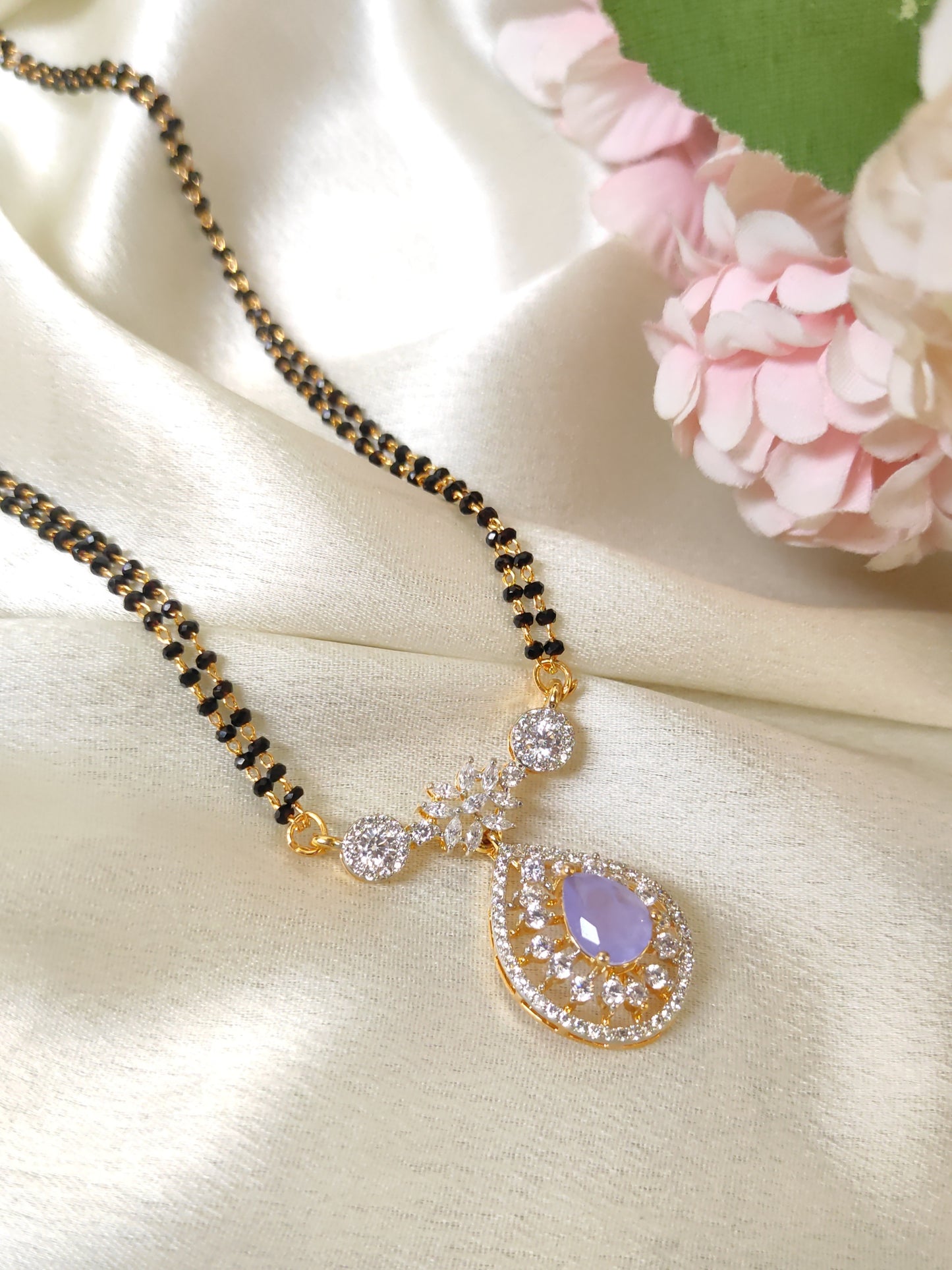 Designer Double Line Black Bead Mangalsutra with Lavender Pendant – Lightweight Traditional Mangalsutra Chain for Women