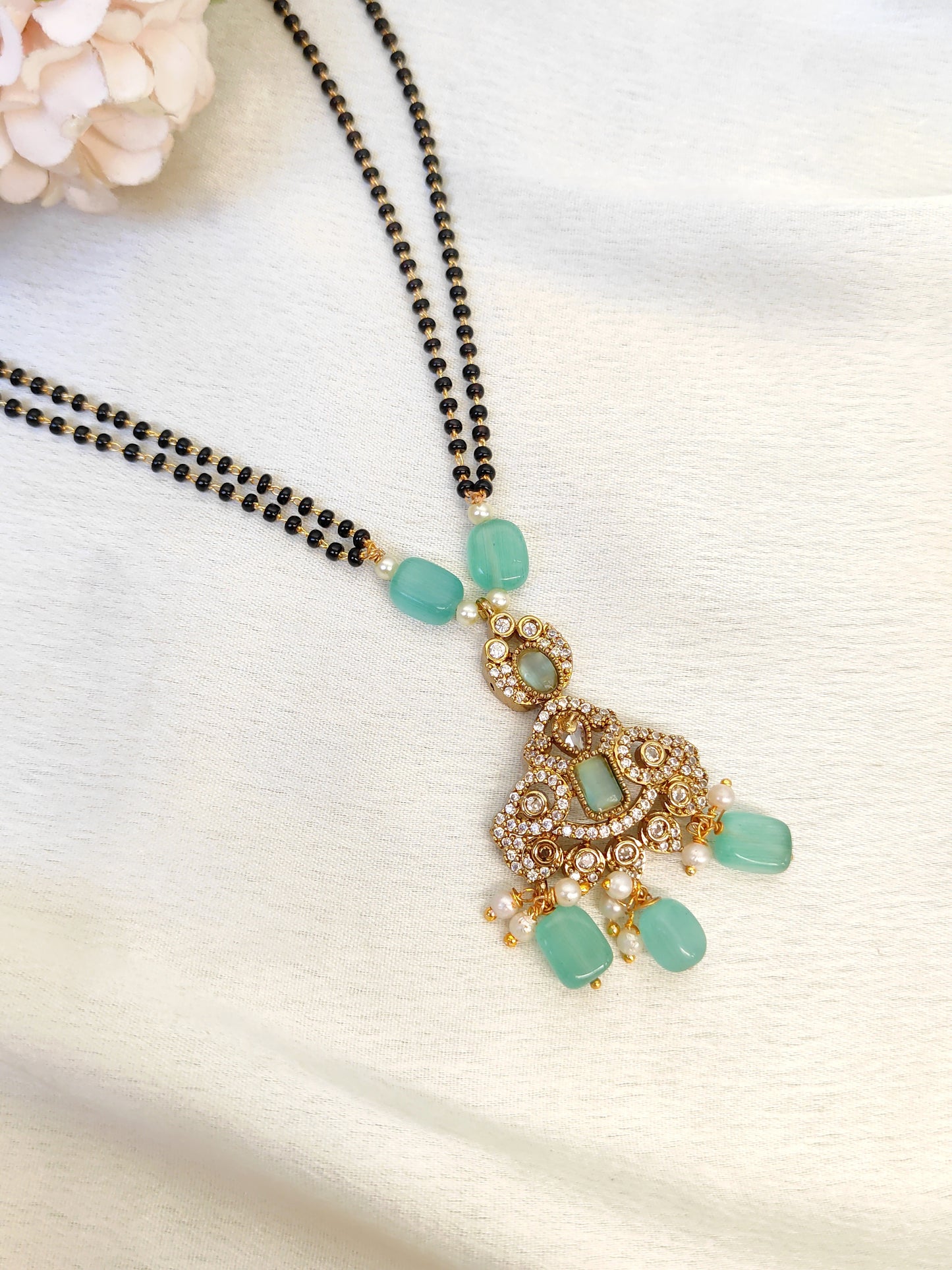 Mint Green Stone Mangalsutra with CZ Pendant | Double-Chain Black Bead Design