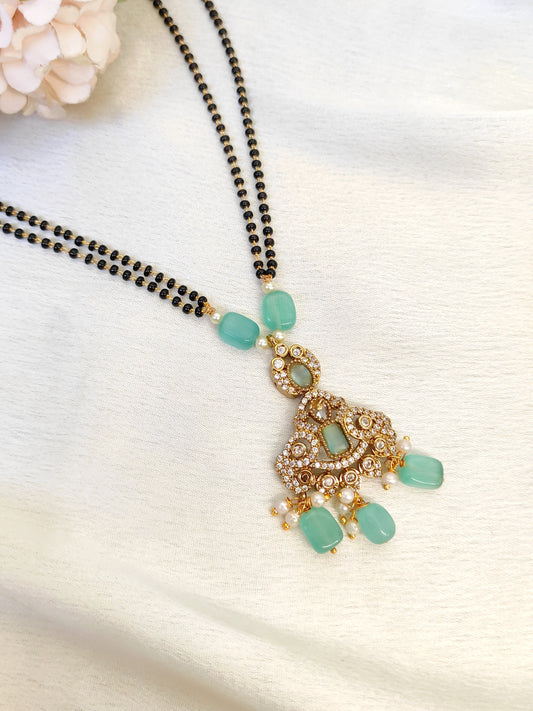 Mint Green Stone Mangalsutra with CZ Pendant | Double-Chain Black Bead Design