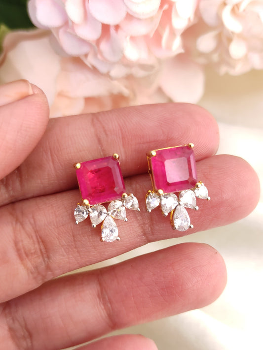 Rani Pink Stud Earrings with Crystal Drops | Gold-Plated Daily Wear Studs