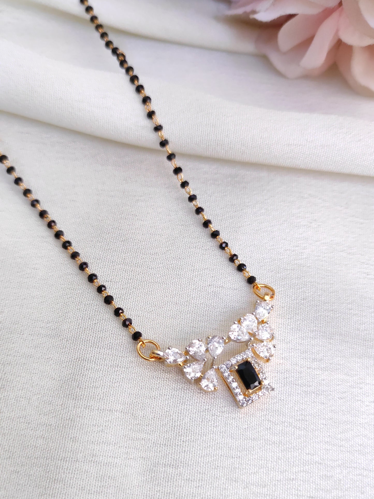 Classic Black Stone AD Pendant Black Bead Chain – Minimal Mangalsutra Style