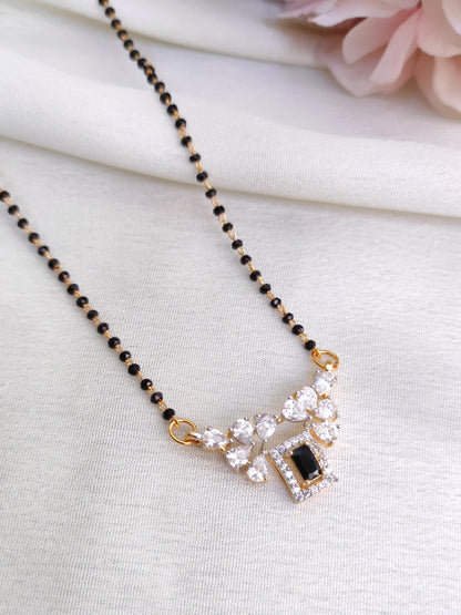 Classic Black Stone AD Pendant Black Bead Chain – Minimal Mangalsutra Style
