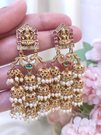 Lakshmi Motif Antique Gold Temple Jhumka Earrings with Pearl Drops