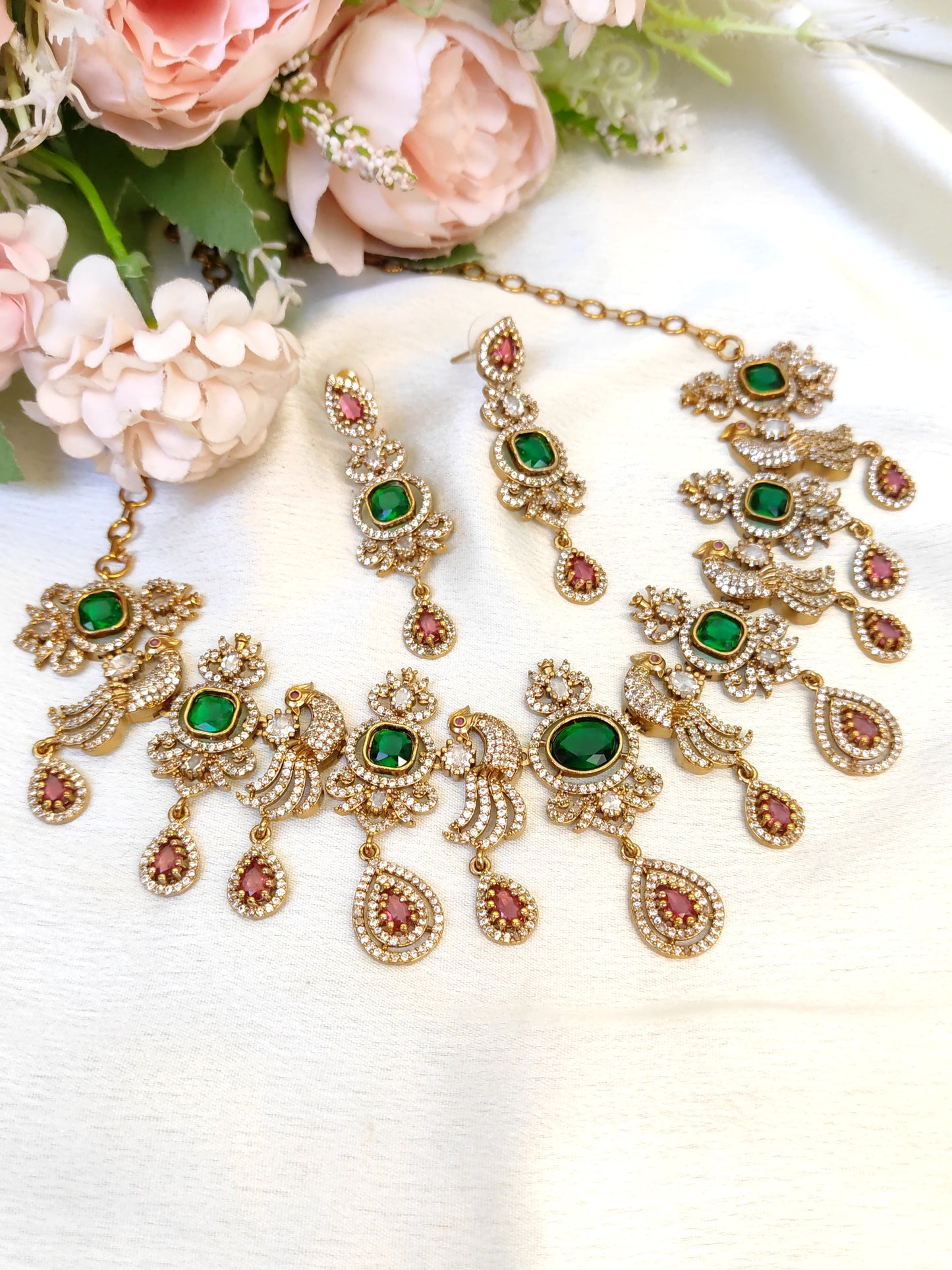 Bridal Peacock Motif Necklace Set | Green CZ Stones & Pink Tear Drops