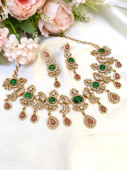 Bridal Peacock Motif Necklace Set | Green CZ Stones & Pink Tear Drops