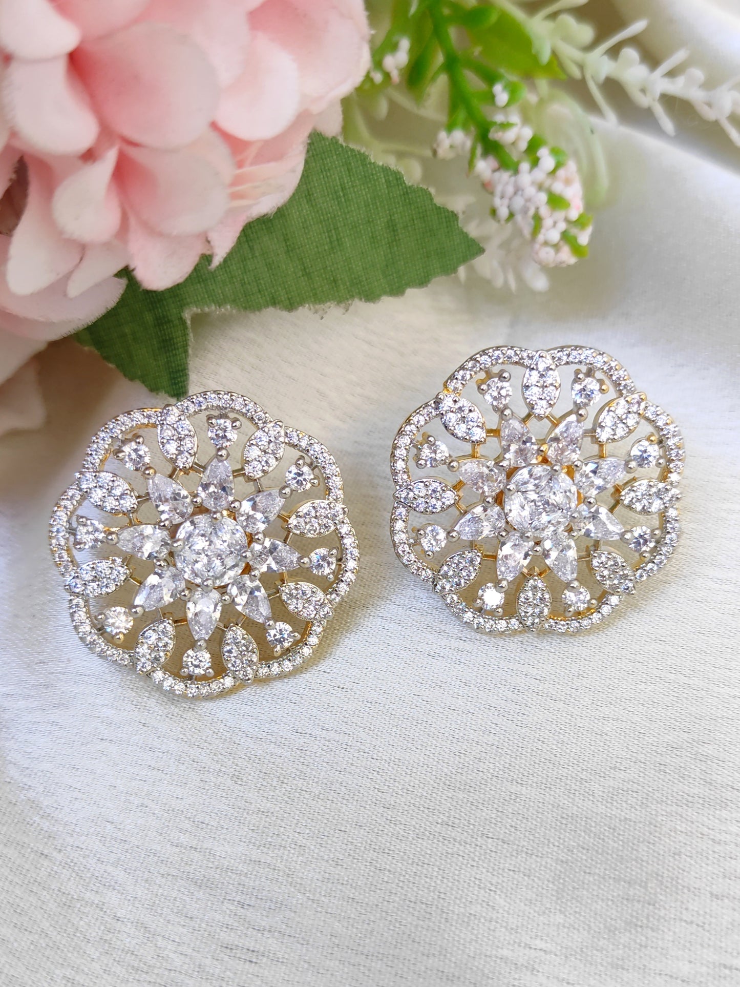 Diamond Finish Floral CZ Earrings | Elegant Party Wear Studs