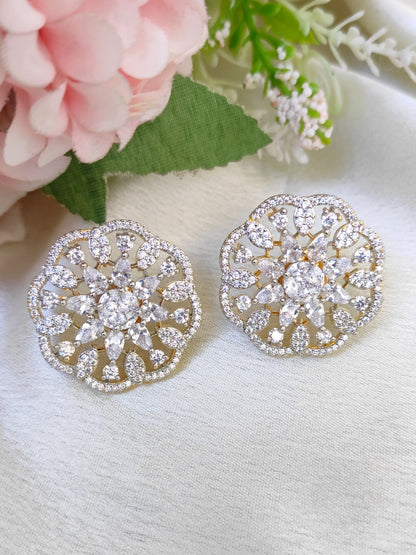 Diamond Finish Floral CZ Earrings | Elegant Party Wear Studs