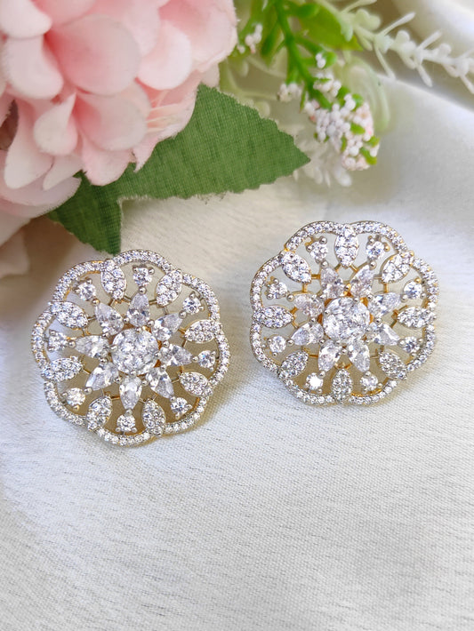 Diamond Finish Floral CZ Earrings | Elegant Party Wear Studs