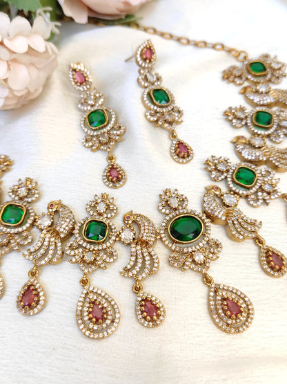 Bridal Peacock Motif Necklace Set | Green CZ Stones & Pink Tear Drops