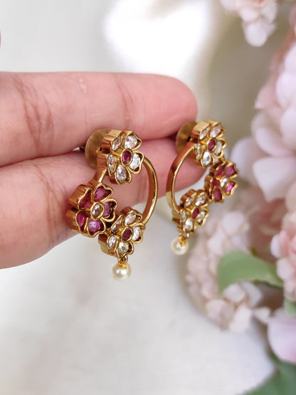 Floral Ruby & White CZ Circle Earrings with Pearl Drop – Lightweight Ethnic Studs