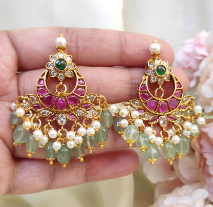 Antique Gold Plated Ruby Green Chandbali Earrings | Festive Traditional Design