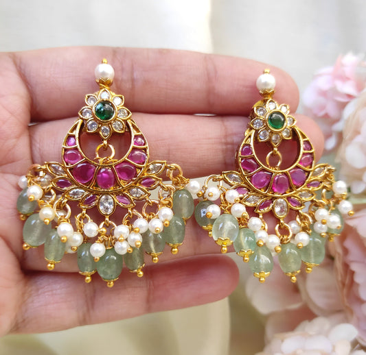 Antique Gold Plated Ruby Green Chandbali Earrings | Festive Traditional Design
