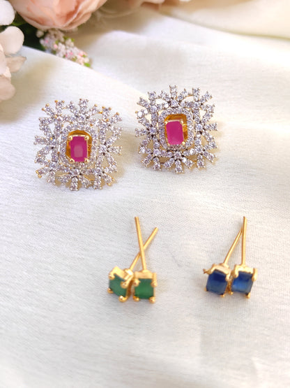 Premium 3-in-1  Stud Earrings Combo – Ruby, Green & Blue Stones