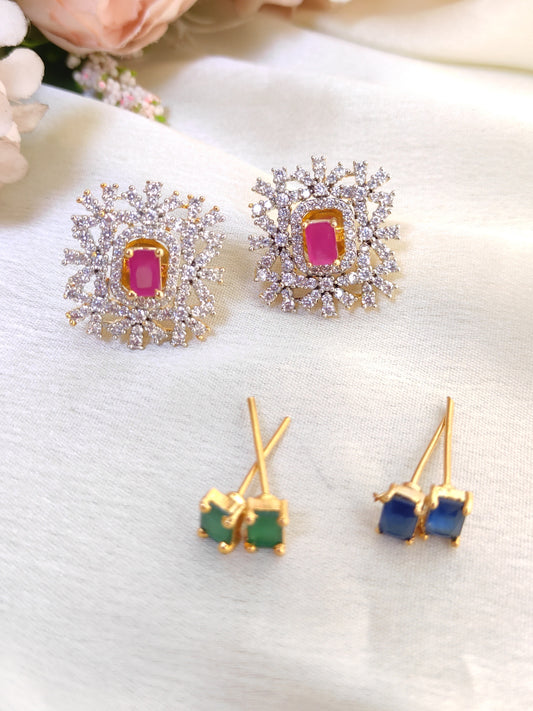 Premium 3-in-1  Stud Earrings Combo – Ruby, Green & Blue Stones