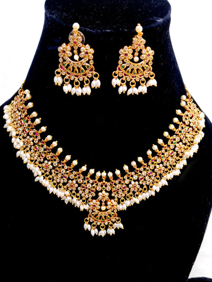 Pearl Drop Kemp Stone Bridal Necklace Set | Traditional South Indian Jewellery