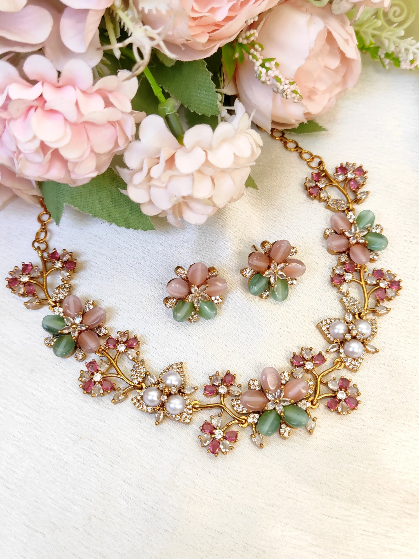 Designer Pastel Pink & Green Floral Necklace with Earrings | Gold Plated Jewellery