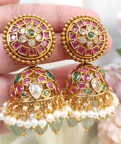 Kemp Stone Jhumka Earrings | Ruby Green Gold Plated Traditional Earrings