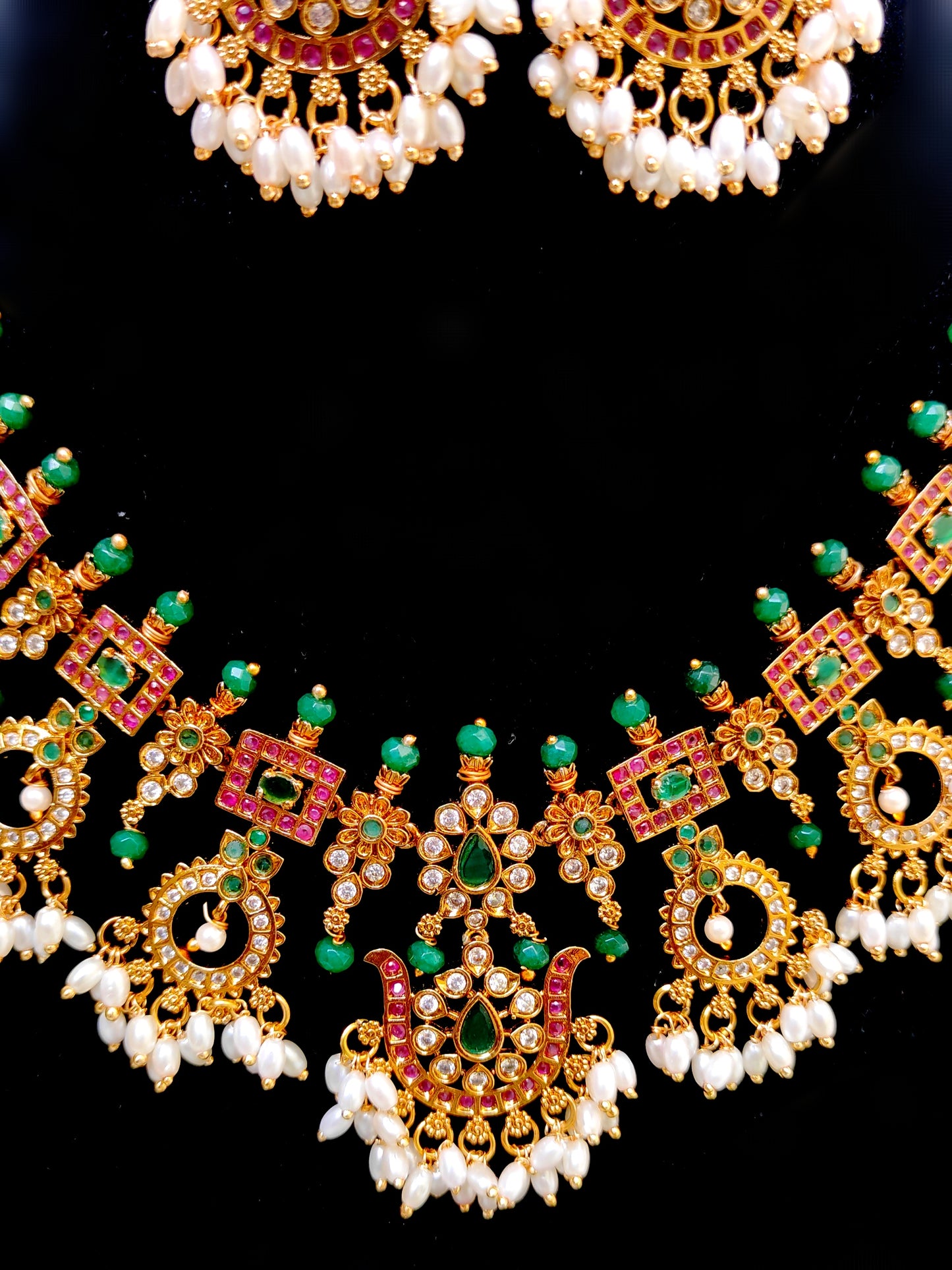 Premium Green Kemp Stone Temple Necklace Set with Pearls | South Indian Bridal Jewellery