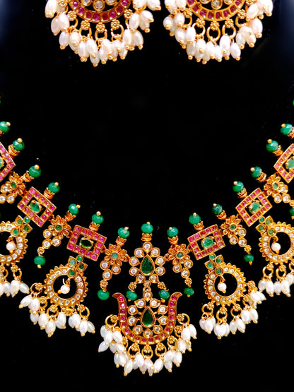 Premium Green Kemp Stone Temple Necklace Set with Pearls | South Indian Bridal Jewellery