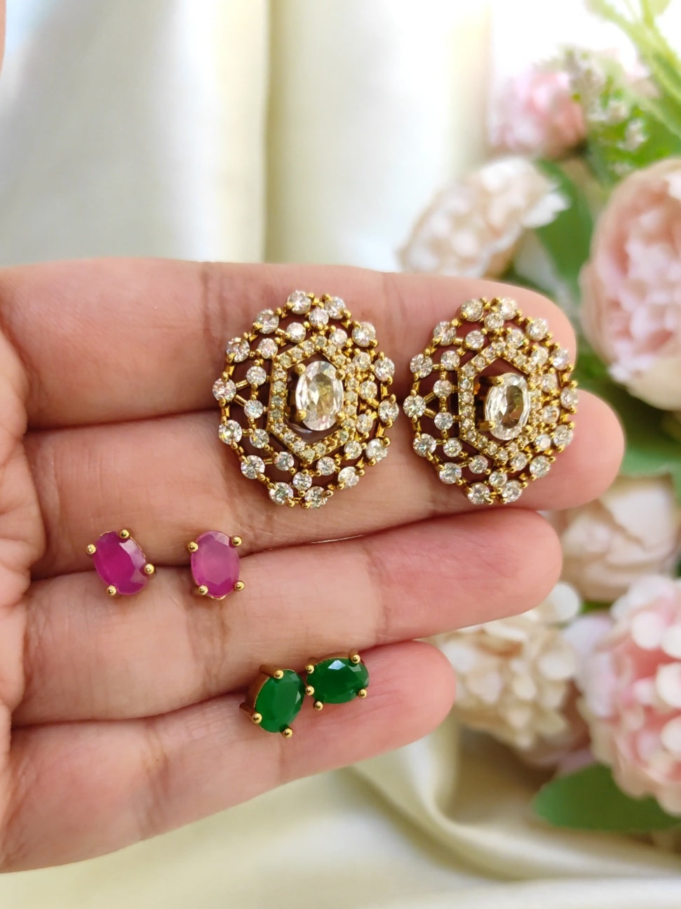 3-in-1 Colour Changeable Stone Stud Earrings – Gold Plated Crystal Daily Wear Studs