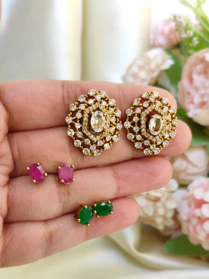 3-in-1 Colour Changeable Stone Stud Earrings – Gold Plated Crystal Daily Wear Studs