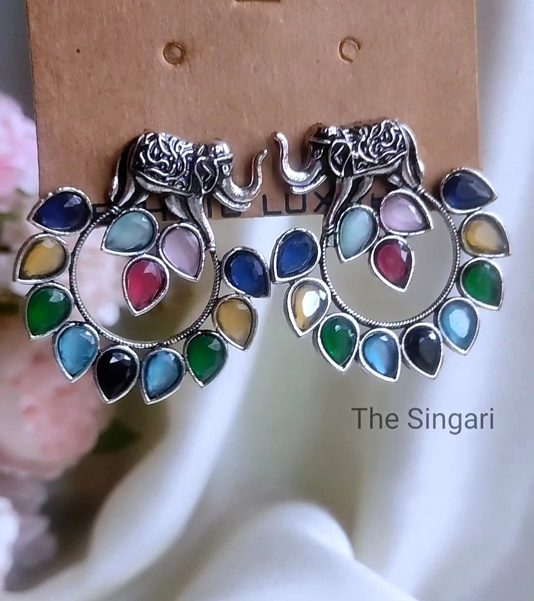 Elephant motif multicolor monalisa stone earrings