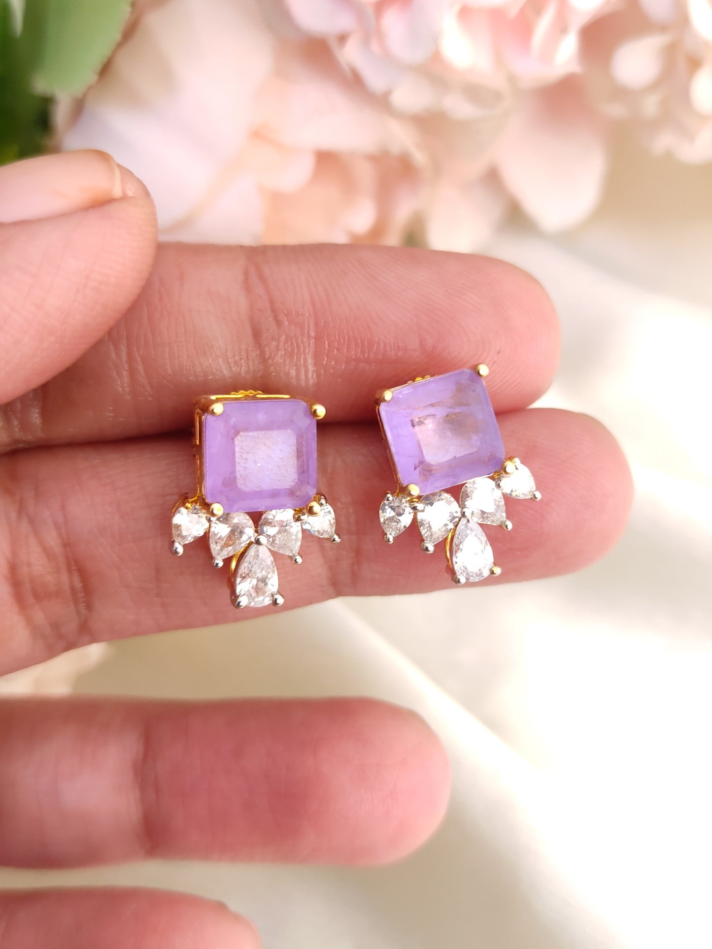 Lavender Stud Earrings with Crystal Drops | Gold-Plated Daily Wear Studs