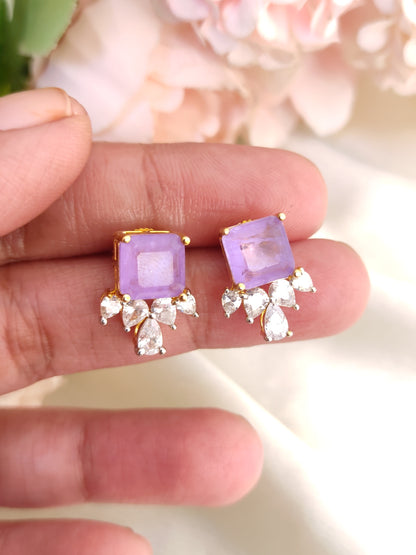 Lavender Stud Earrings with Crystal Drops | Gold-Plated Daily Wear Studs