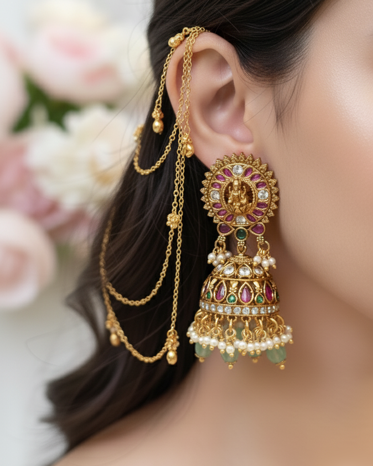 South Indian Temple Jhumka Earrings | Ruby Green Lakshmi Design with Pearl Hangings