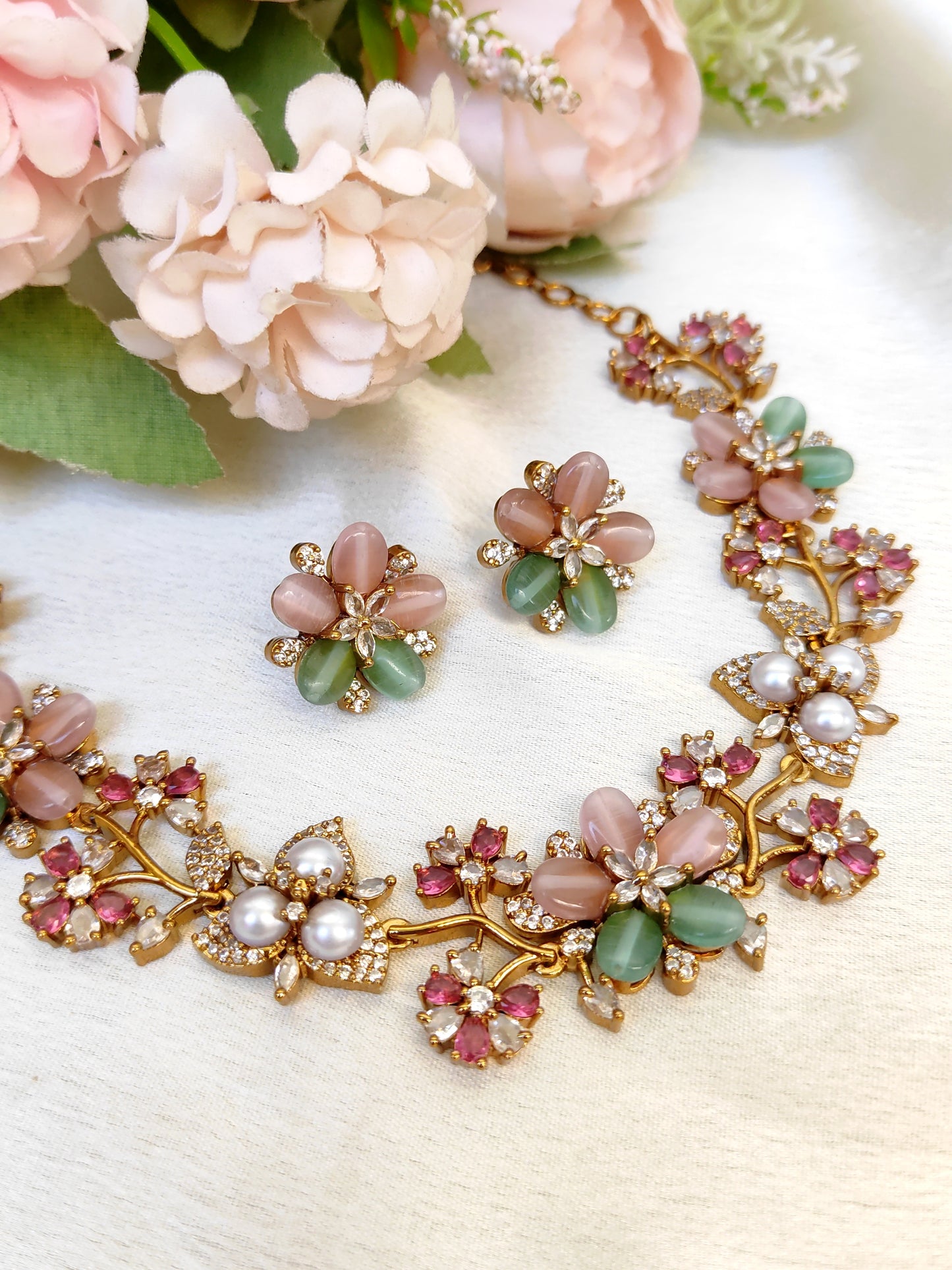 Designer Pastel Pink & Green Floral Necklace with Earrings | Gold Plated Jewellery
