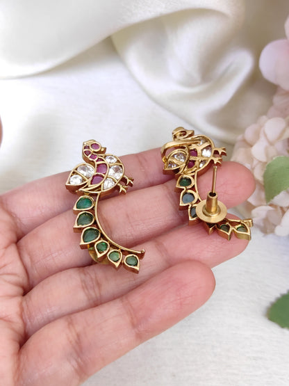 Peacock Motif Ruby Pink & Emerald Green CZ Earrings – Designer Ethnic Statement earcuffs