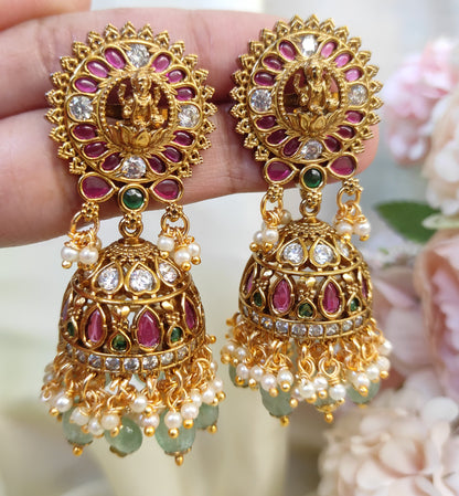 South Indian Temple Jhumka Earrings | Ruby Green Lakshmi Design with Pearl Hangings