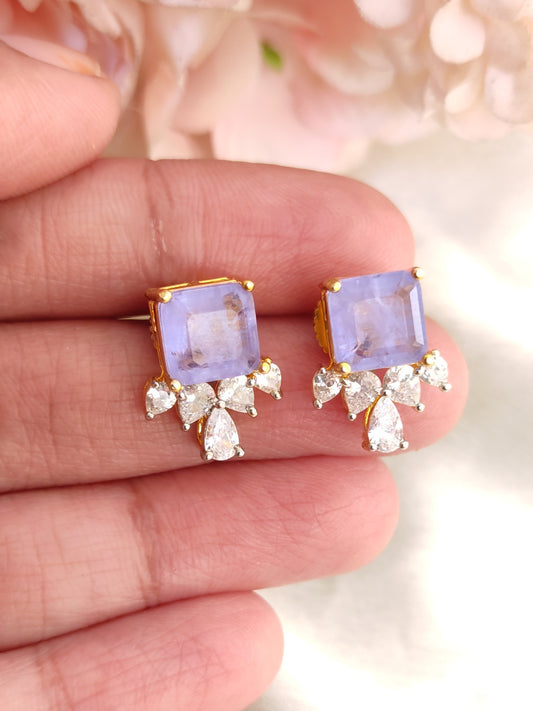Lilac blue Stud Earrings with Crystal Drops | Gold-Plated Daily Wear Studs