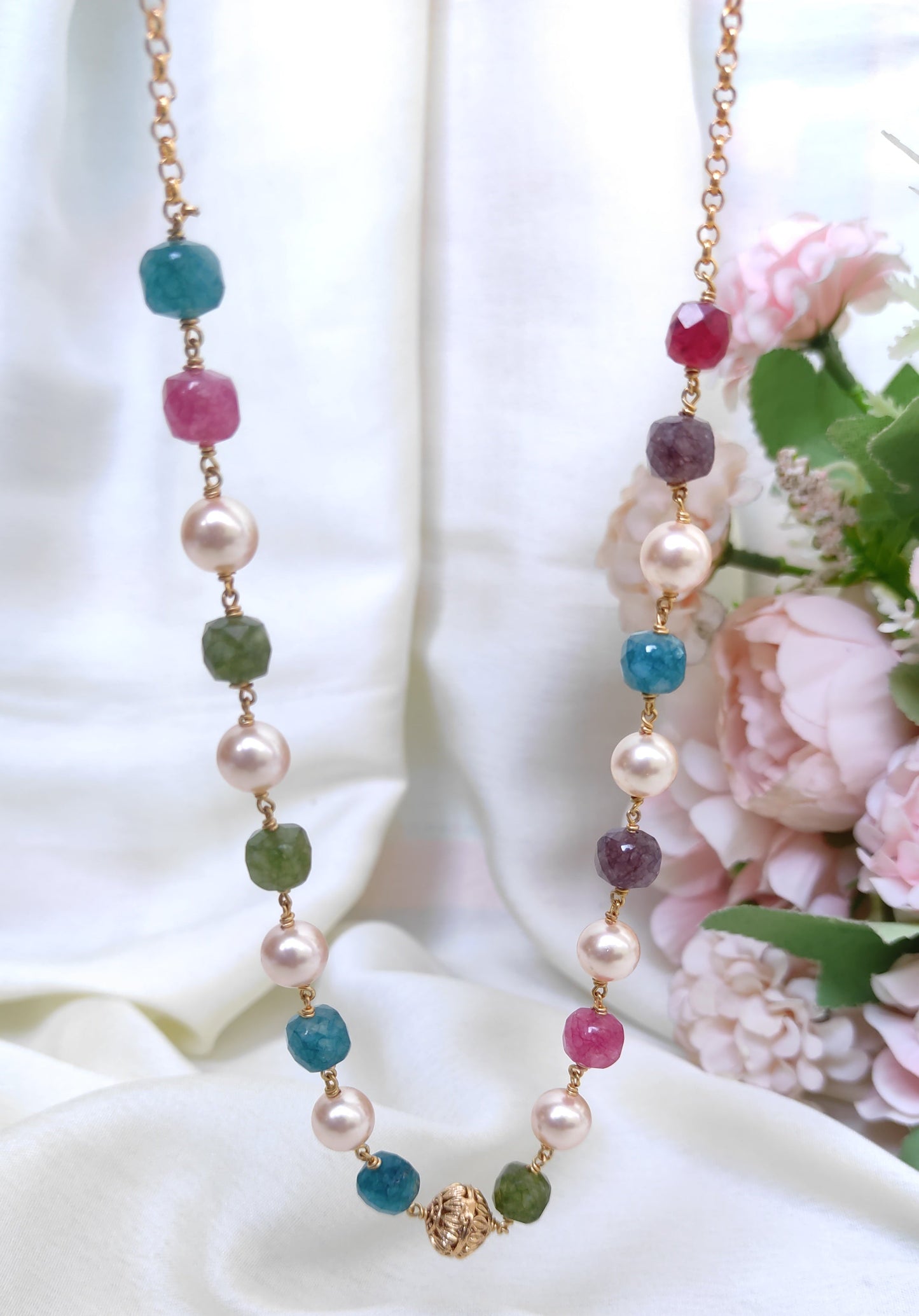Handcrafted Multi Stone Beads & Pearl Chain Necklace for Women