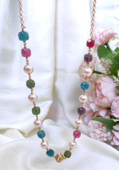 Handcrafted Multi Stone Beads & Pearl Chain Necklace for Women