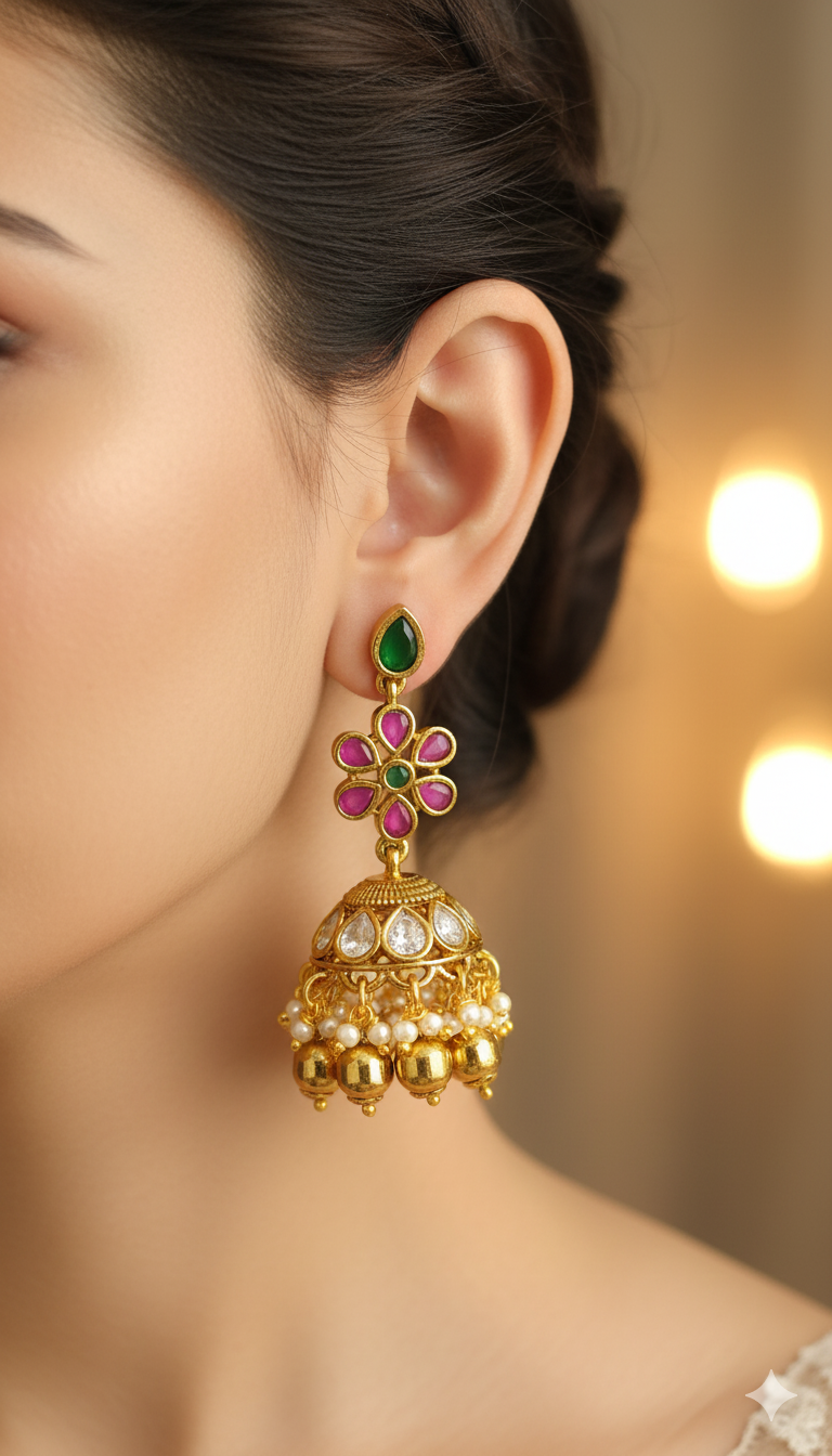 Kundan Pearl Drop Jhumka with Ruby & Green Stones – Wedding Collection