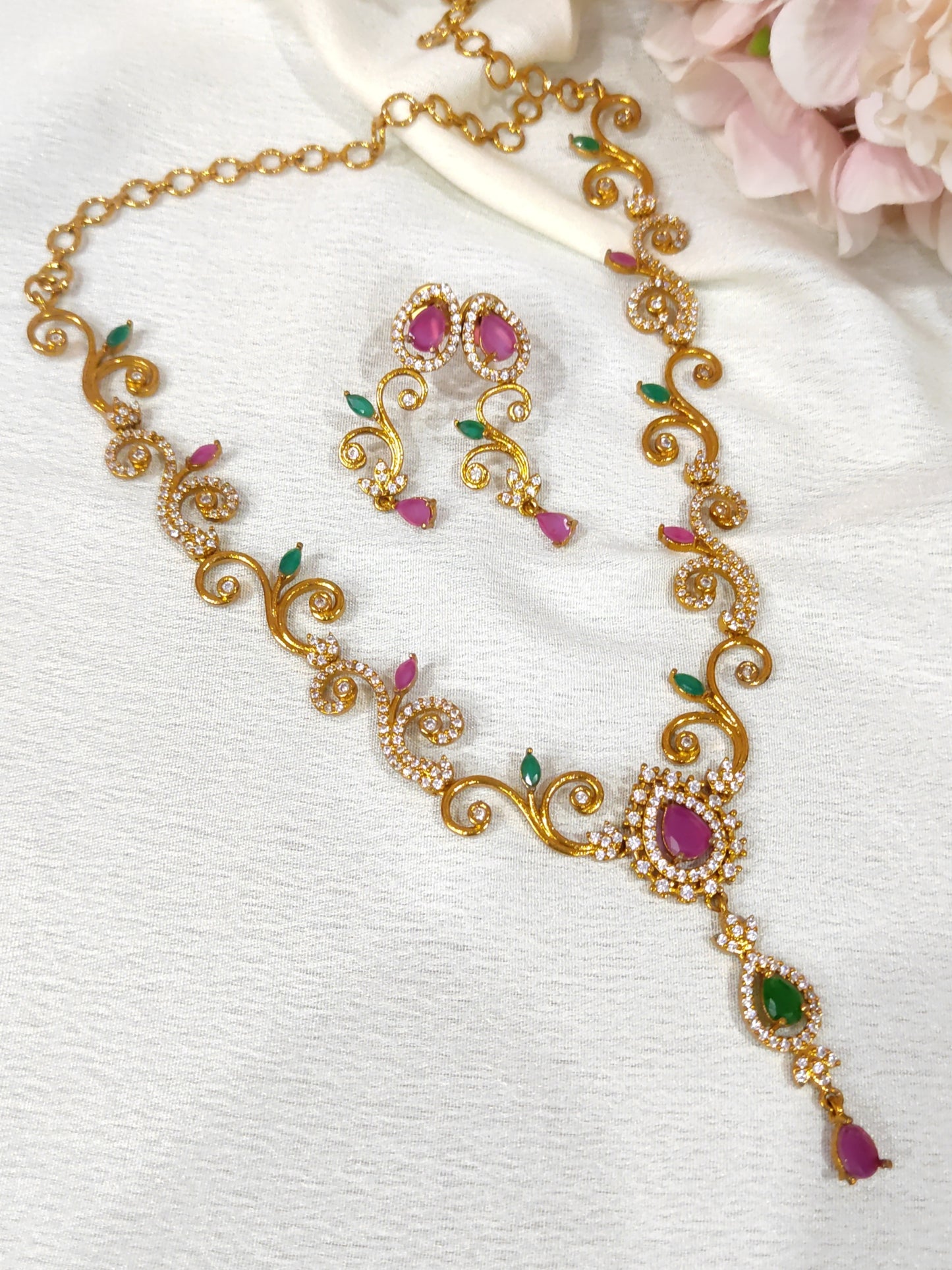 Green Pink gold plated Necklace set long locket