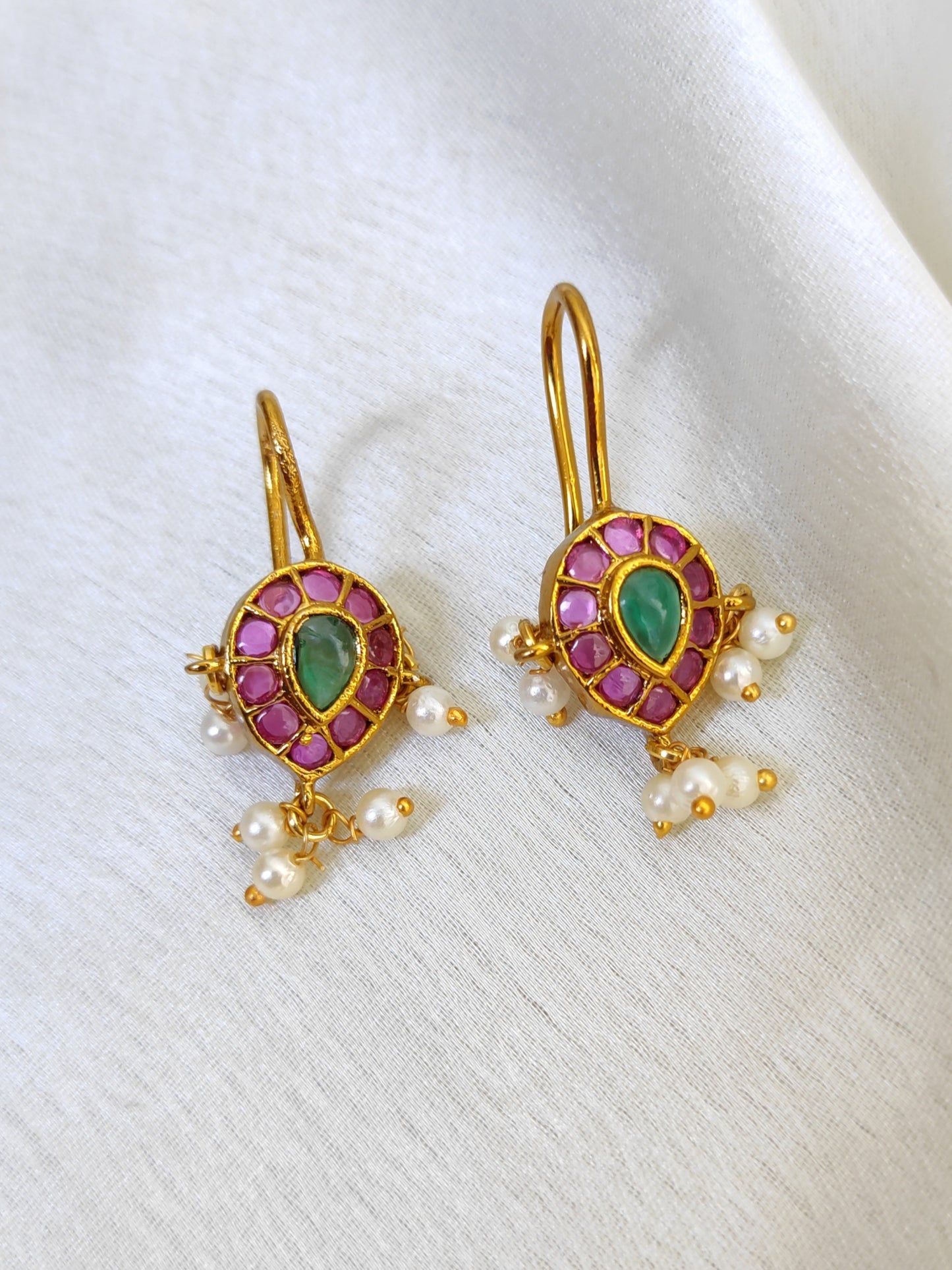 Traditional Kemp stone Bugadi Earrings with Pearl Drops | Gold Finish South Indian Ear Cuff
