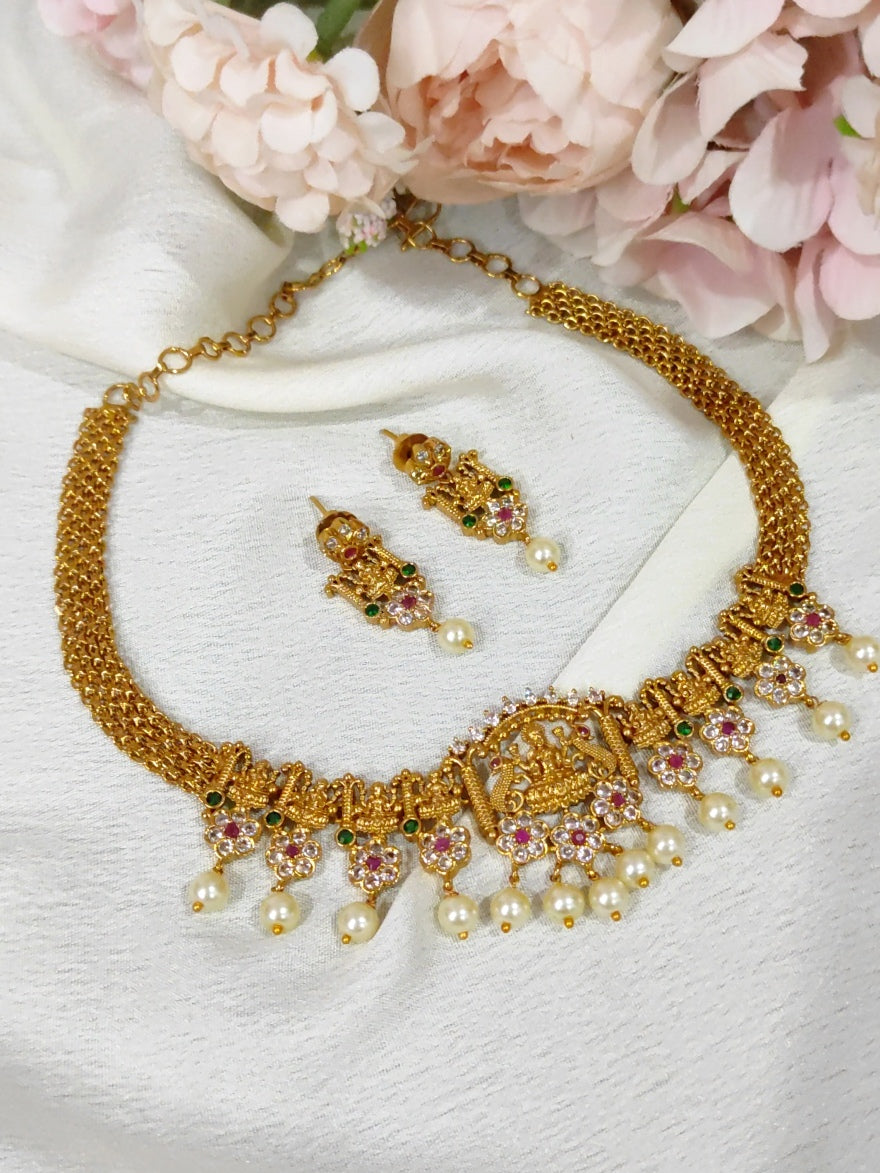 Lakshmi Motif Necklace Set with CZ Stones – Traditional South Indian Jewellery