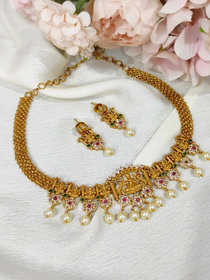Lakshmi Motif Necklace Set with CZ Stones – Traditional South Indian Jewellery